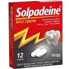 Opakowanie leku Solpadeine na bóle zębów. Zawiera 12 tabletek z paracetamolem, kodeiną i kofeiną. Egidon 60 mg nie jest składnikiem tego leku.