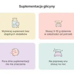 Glicyna co to? Porady dotyczące suplementacji: wybieraj czysty produkt, stosuj 3-10g dziennie, pora dnia nie ma znaczenia, na sen przyjmuj na noc.
