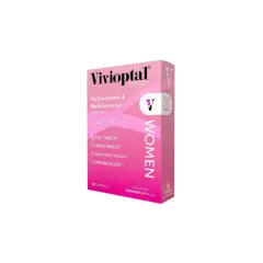 Pudełko suplementu diety Vivioptal dla kobiet, z napisem "Multivitamin & Multimineral" i ikonami korzyści.