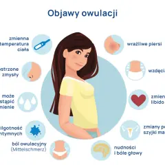 Ilustracja przedstawia kobietę otoczoną ikonami symbolizującymi objawy owulacji: termometr, piersi, serce, mózg, macicę, plamienie, wilgotność.