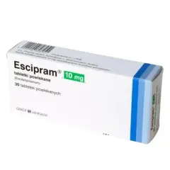 Opakowanie leku Escipram 10 mg, zawierające 30 tabletek powlekanych. Stosowany w leczeniu depresji i zaburzeń lękowych.
