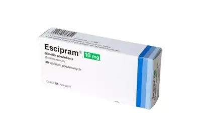 Opakowanie leku Escipram 10 mg, zawierające 30 tabletek powlekanych. Stosowany w leczeniu depresji i zaburzeń lękowych.