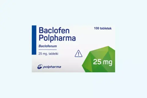Opakowanie leku Baclofen Polpharma 25 mg. Stosowany na skurcze mięśni.