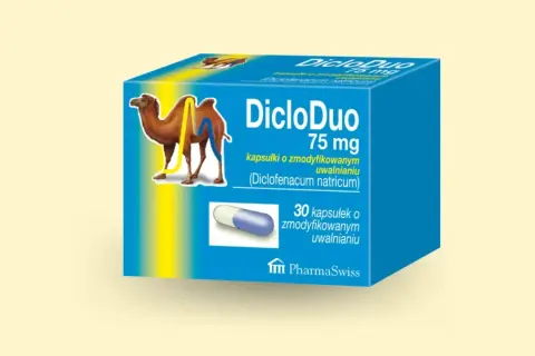 Opakowanie DicloDuo 75 mg z wielbłądem. Pomaga na ból i stany zapalne.