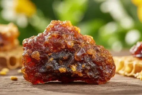 Kawałek ciemnobrązowego propolisu, znanego z właściwości leczniczych. W tle plastry miodu i zielone liście. Propolis co to? To naturalny produkt pszczeli.