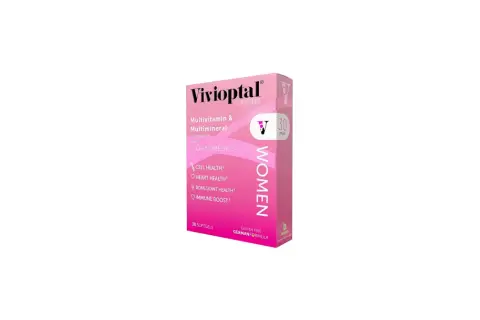 Pudełko suplementu diety Vivioptal dla kobiet, z napisem "Multivitamin & Multimineral" i ikonami korzyści.