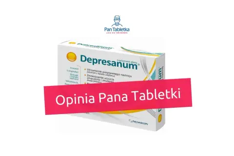 Opakowanie suplementu diety Depresanum, z napisem "Opinia Pana Tabletki" na różowej wstędze. Miansec na co? Na poprawę nastroju.
