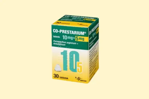 Opakowanie leku co prestarium 5+5, zawierające 30 tabletek. Widoczna nazwa leku, dawka 10mg+5mg oraz składniki aktywne.