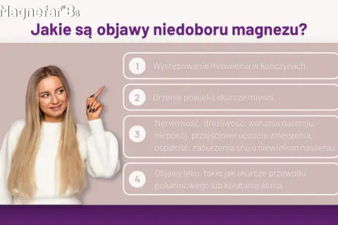 Kobieta wskazuje na listę objawów niedoboru magnezu: mrowienie, drżenie powiek, nerwowość, lęk.