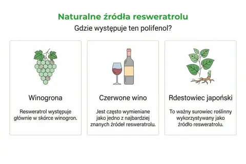 Winogrona, czerwone wino i rdestowiec japoński to naturalne źródła resweratrolu. Resweratrol na co? Warto poznać jego pochodzenie.