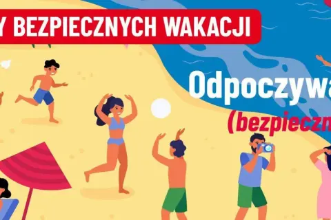 Ludzie i pies bawią się na plaży, życzymy bezpiecznych wakacji. Odpoczywajcie (bezpiecznie!).