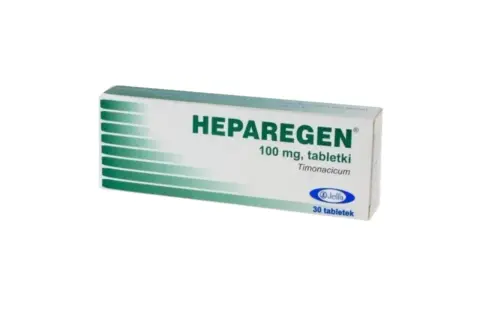 Opakowanie leku Heparegen 100 mg, tabletki. Stosowany na problemy z wątrobą. Zawiera 30 tabletek.