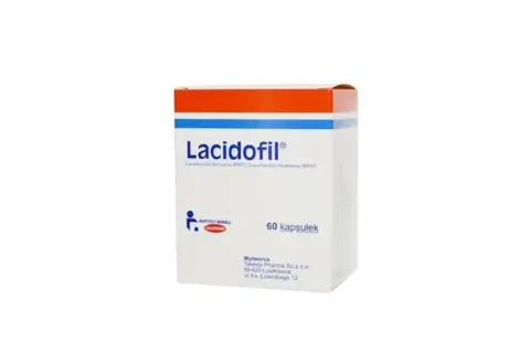 Opakowanie Lacidofil, probiotyk na co dzień, zawiera 60 kapsułek.