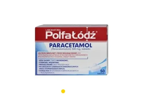 Opakowanie paracetamolu 500 mg, wskazania: bóle głowy, stawowe, mięśniowe, gorączka przy przeziębieniu.