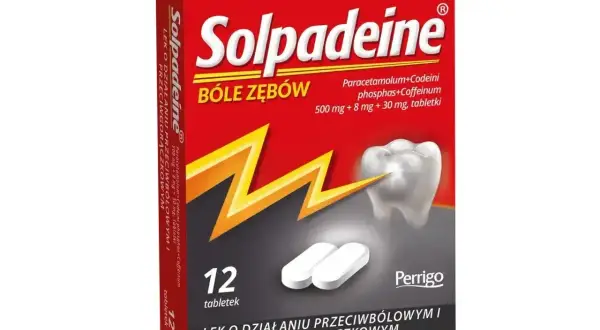 Opakowanie leku Solpadeine na bóle zębów. Zawiera 12 tabletek z paracetamolem, kodeiną i kofeiną. Egidon 60 mg nie jest składnikiem tego leku.