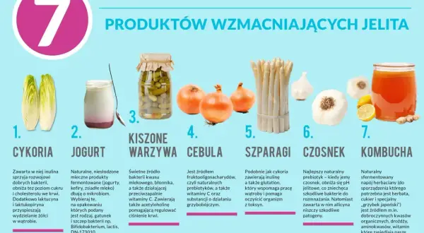 Cykoria, jogurt, kiszone warzywa, cebula, szparagi, czosnek i kombucha – to produkty, co na jelita, wspierające ich zdrowie i oczyszczające organizm.
