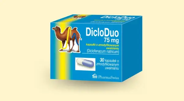 Opakowanie DicloDuo 75 mg z wielbłądem. Pomaga na ból i stany zapalne.