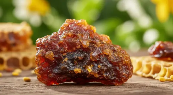 Kawałek ciemnobrązowego propolisu, znanego z właściwości leczniczych. W tle plastry miodu i zielone liście. Propolis co to? To naturalny produkt pszczeli.