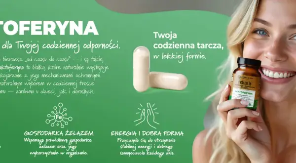 Laktoferyna co to? Białko natury dla odporności i gospodarki żelazem. Uśmiechnięta kobieta trzyma suplement.