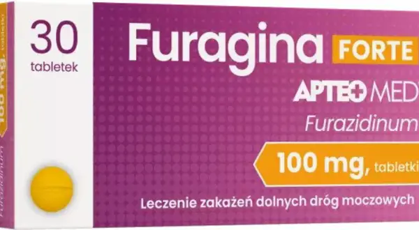 Opakowanie leku Furagina Forte 100 mg, 30 tabletek. Leczenie zakażeń dróg moczowych. Informacje o furagina forte dawkowanie znajdziesz na ulotce.