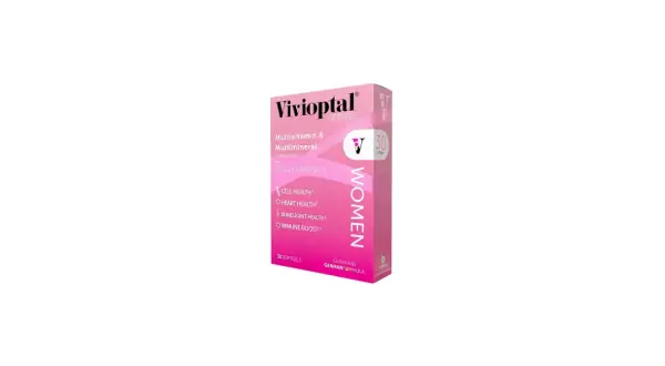 Pudełko suplementu diety Vivioptal dla kobiet, z napisem "Multivitamin & Multimineral" i ikonami korzyści.