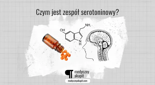 Pigułki wypadające z buteleczki, wzór chemiczny serotoniny i przekrój mózgu. Temat: zespół serotoninowy objawy.