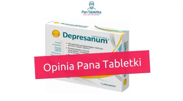 Opakowanie suplementu diety Depresanum, z napisem "Opinia Pana Tabletki" na różowej wstędze. Miansec na co? Na poprawę nastroju.