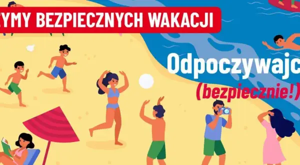 Ludzie i pies bawią się na plaży, życzymy bezpiecznych wakacji. Odpoczywajcie (bezpiecznie!).