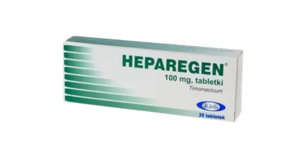 Opakowanie leku Heparegen 100 mg, tabletki. Stosowany na problemy z wątrobą. Zawiera 30 tabletek.