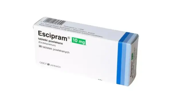 Opakowanie leku Escipram 10 mg, zawierające 30 tabletek powlekanych. Stosowany w leczeniu depresji i zaburzeń lękowych.