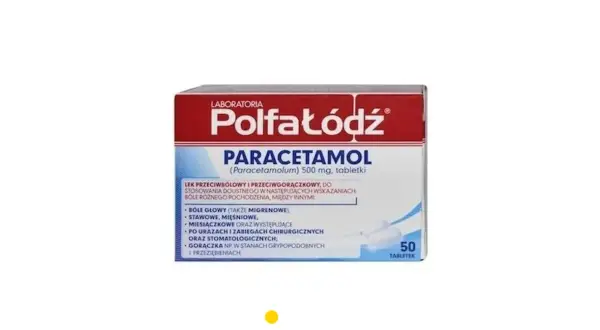 Opakowanie paracetamolu 500 mg, wskazania: bóle głowy, stawowe, mięśniowe, gorączka przy przeziębieniu.