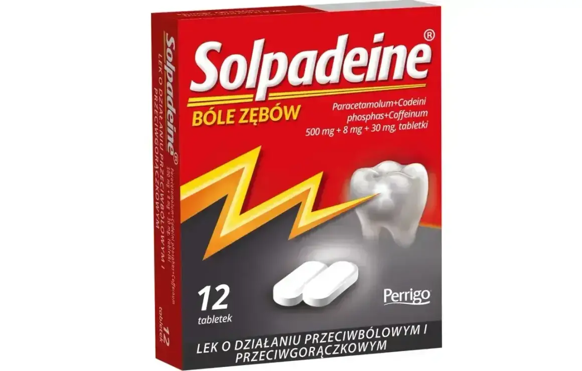 Opakowanie leku Solpadeine na bóle zębów. Zawiera 12 tabletek z paracetamolem, kodeiną i kofeiną. Egidon 60 mg nie jest składnikiem tego leku.