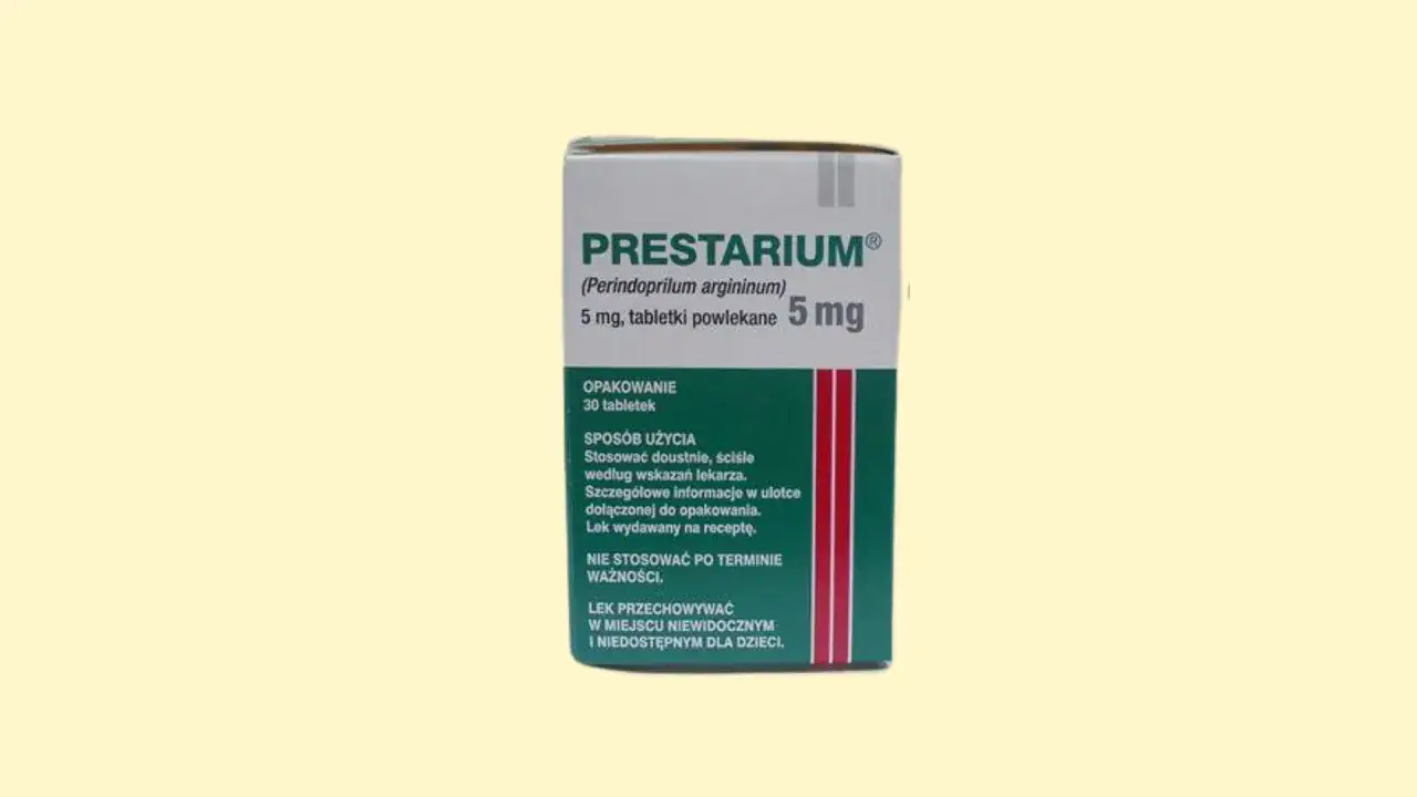 Opakowanie leku Prestarium 5 mg, stosowanego na nadciśnienie.