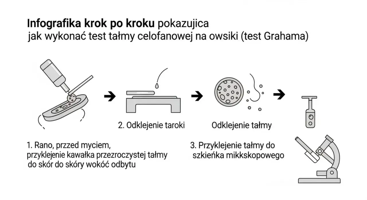 Infografika pokazuje, jak wykonać test taśmowy na obecność owsików w kale. Proces obejmuje przyklejenie taśmy do skóry wokół odbytu, a następnie umieszczenie jej na szkiełku mikroskopowym.