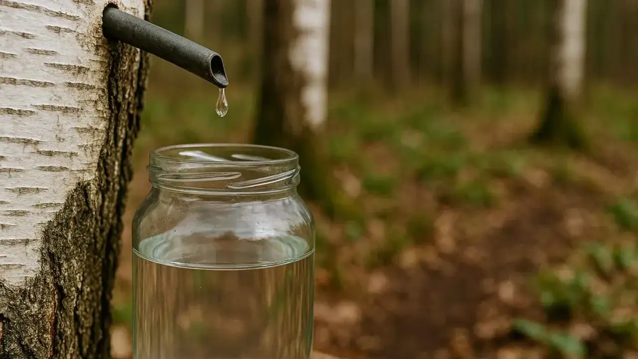 Kropla czystego soku z brzozy spływa do słoika. Wiosenna natura obdarza nas tym cennym płynem.