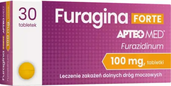 Opakowanie leku Furagina Forte 100 mg, 30 tabletek. Leczenie zakażeń dróg moczowych. Informacje o furagina forte dawkowanie znajdziesz na ulotce.