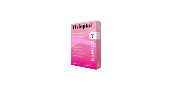 Pudełko suplementu diety Vivioptal dla kobiet, z napisem "Multivitamin & Multimineral" i ikonami korzyści.