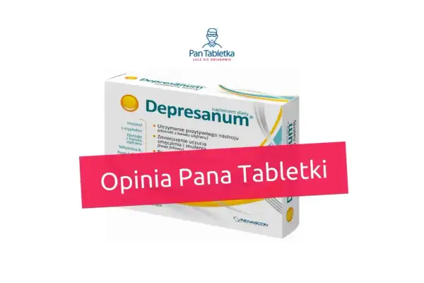 Opakowanie suplementu diety Depresanum, z napisem "Opinia Pana Tabletki" na różowej wstędze. Miansec na co? Na poprawę nastroju.
