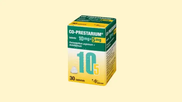 Opakowanie leku co prestarium 5+5, zawierające 30 tabletek. Widoczna nazwa leku, dawka 10mg+5mg oraz składniki aktywne.