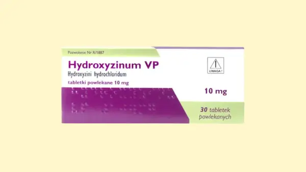 Opakowanie leku Hydroxyzinum VP 10 mg, 30 tabletek powlekanych.