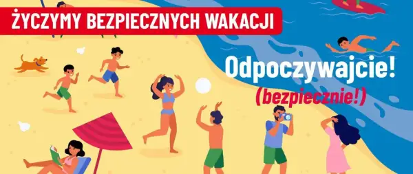 Ludzie i pies bawią się na plaży, życzymy bezpiecznych wakacji. Odpoczywajcie (bezpiecznie!).