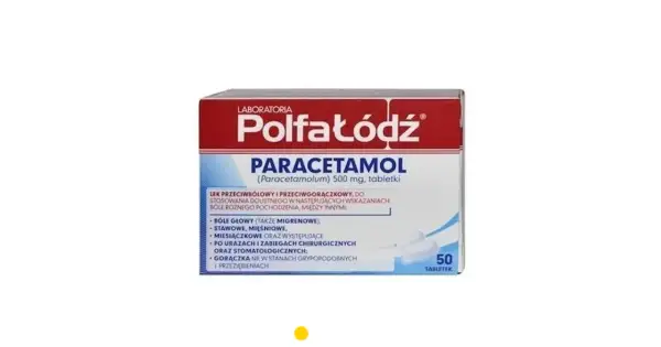 Opakowanie paracetamolu 500 mg, wskazania: bóle głowy, stawowe, mięśniowe, gorączka przy przeziębieniu.